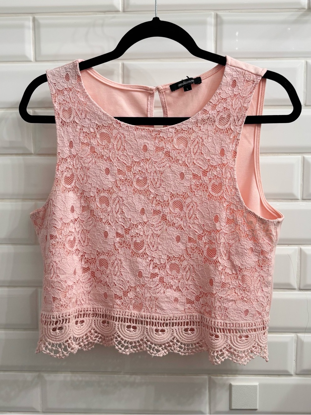 Ambiance Women’s Large Pink Floral Lace Cropped Sleeveless Top with Trim